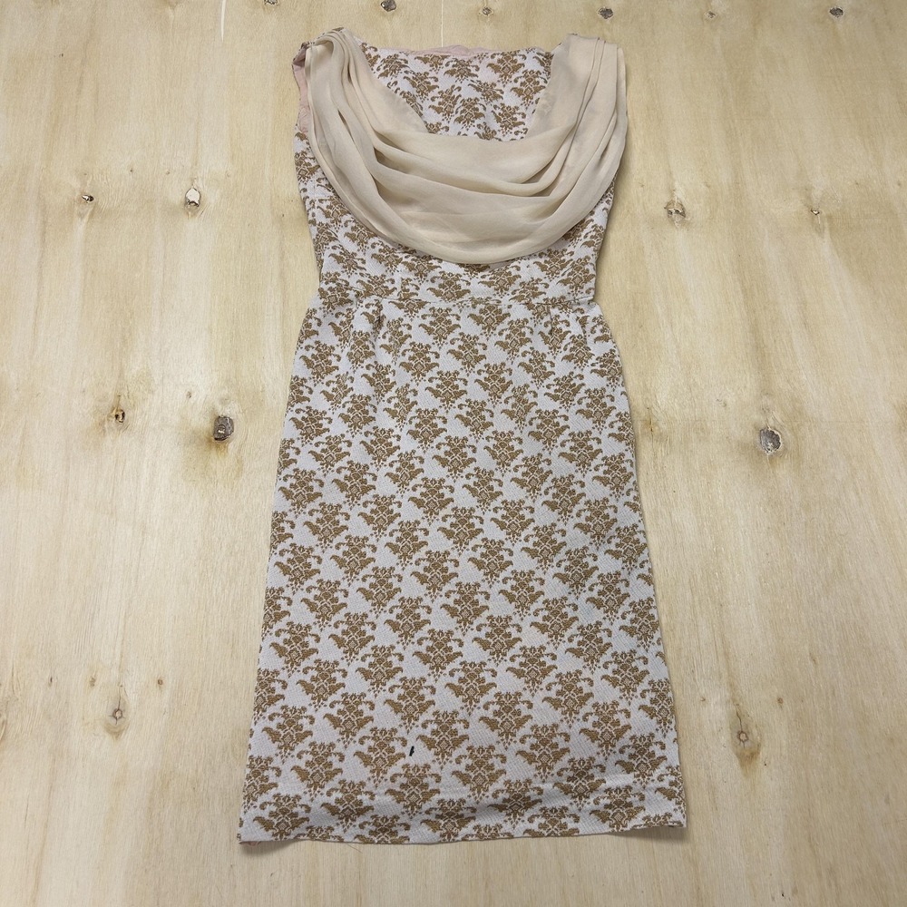 Vintage Elinor Gay Dress Womens Small Beige Floral Cowl Neck Sheath Knee Length